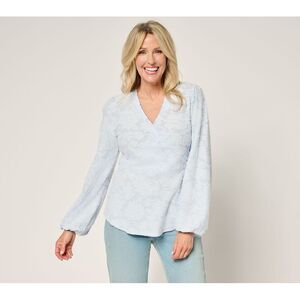 Studio Park Women's Top Sz M x Terri Conn Faux Wrap Textured Knit Blue A691457